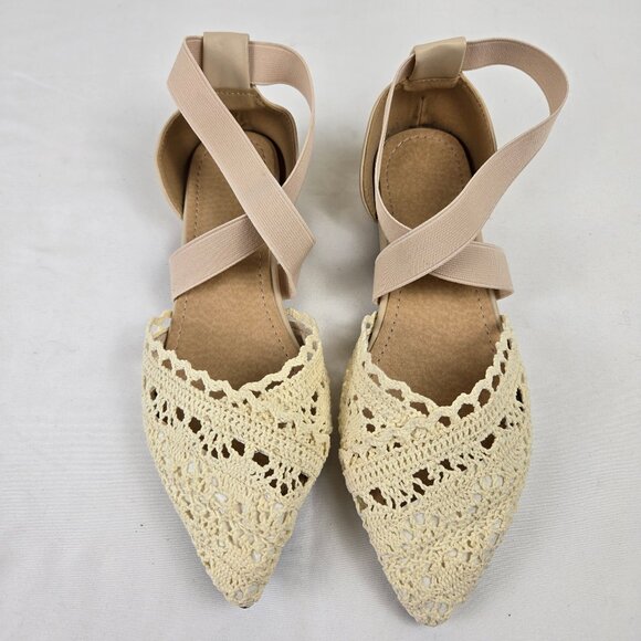 Unbranded Sz 37 (US 6.5-7) Cream Crochet Flats Pointed Toe Elastic Cross Straps - Picture 11 of 16